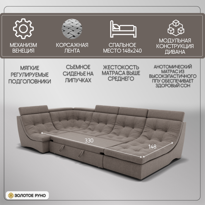 Диваны угловые в гостиную, П-образный диван Монако-4 ППУ, велюр